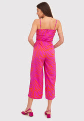 Pink and orange strapless printed jumpsuit