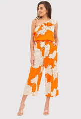 One shoulder floral print orange jumpsuit