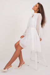 Long sleeve decorative embroidery white cocktail dress