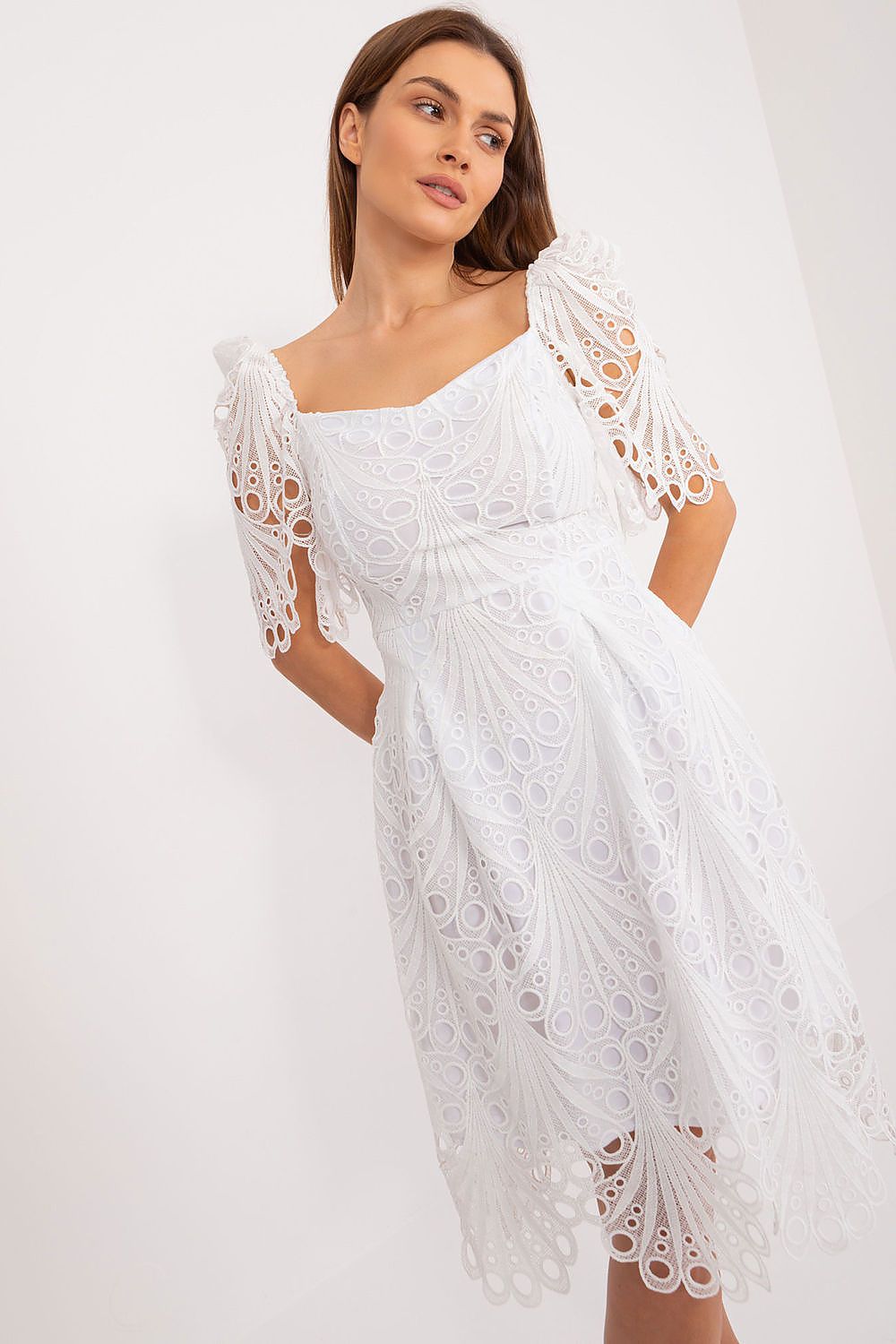 Short sleeve embroidered openwork pattern white cocktail dress