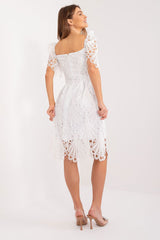 Short sleeve embroidered openwork pattern white cocktail dress