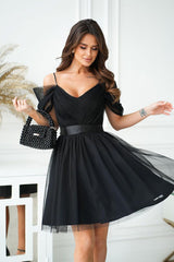 Beautiful Spanish-style evening dress with plunging tulle sleeves