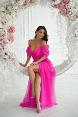 Beautiful long Spanish-style evening dress with plunging tulle sleeves