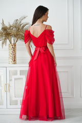 Beautiful long Spanish-style evening dress with plunging tulle sleeves