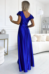 Long blue envelope neck satin maxi evening dress