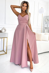 Long elegant pink maxi formal dress with straps