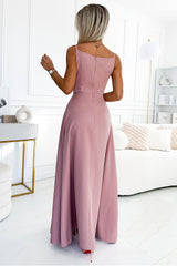 Long elegant pink maxi formal dress with straps