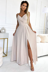 Long beautifully contoured neck glittering strapless evening dress