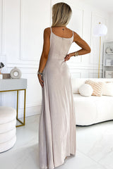 Long beautifully contoured neck glittering strapless evening dress