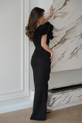 Elegant feathers one shoulder evening dress