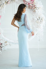 Long one-shoulder sleeve sequin evening dress