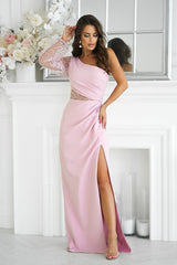 Long one-shoulder sleeve sequin evening dress