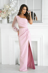 Long one-shoulder sleeve sequin evening dress