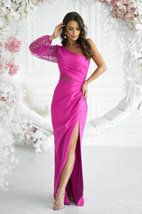 Long one-shoulder sleeve sequin evening dress