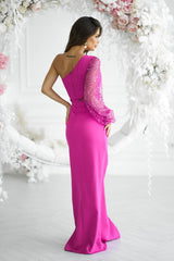 Long one-shoulder sleeve sequin evening dress