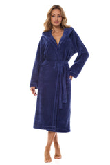 Navy blue bathrobe with a hood