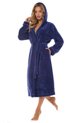 Navy blue bathrobe with a hood