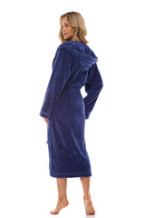 Navy blue bathrobe with a hood