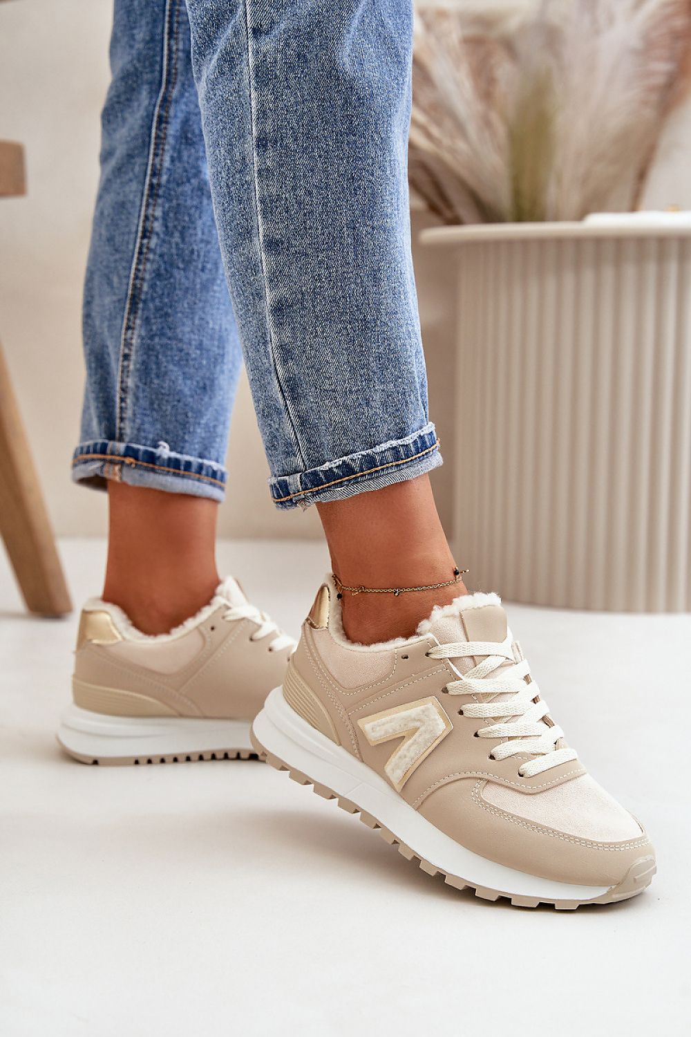 Beige eco-leather sneakers