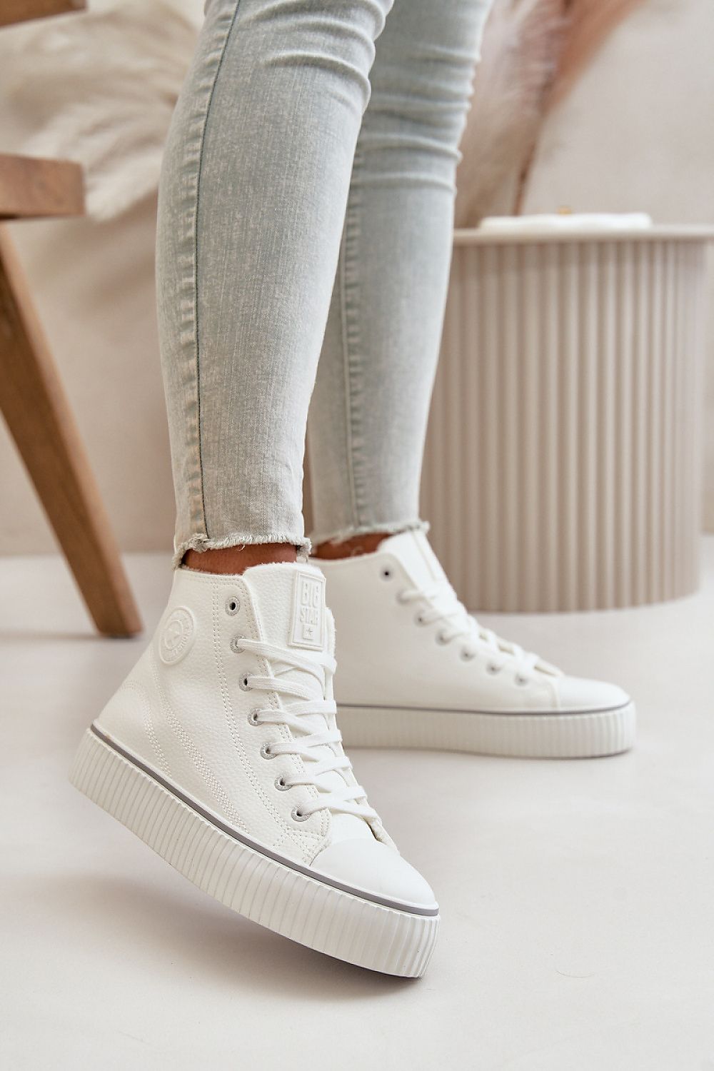 Laced ankle eco-leather sneakers