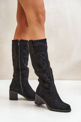 Women's low column heel knee-high boots