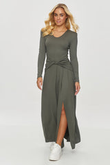 Long sleeves elegant viscose front slit day dress