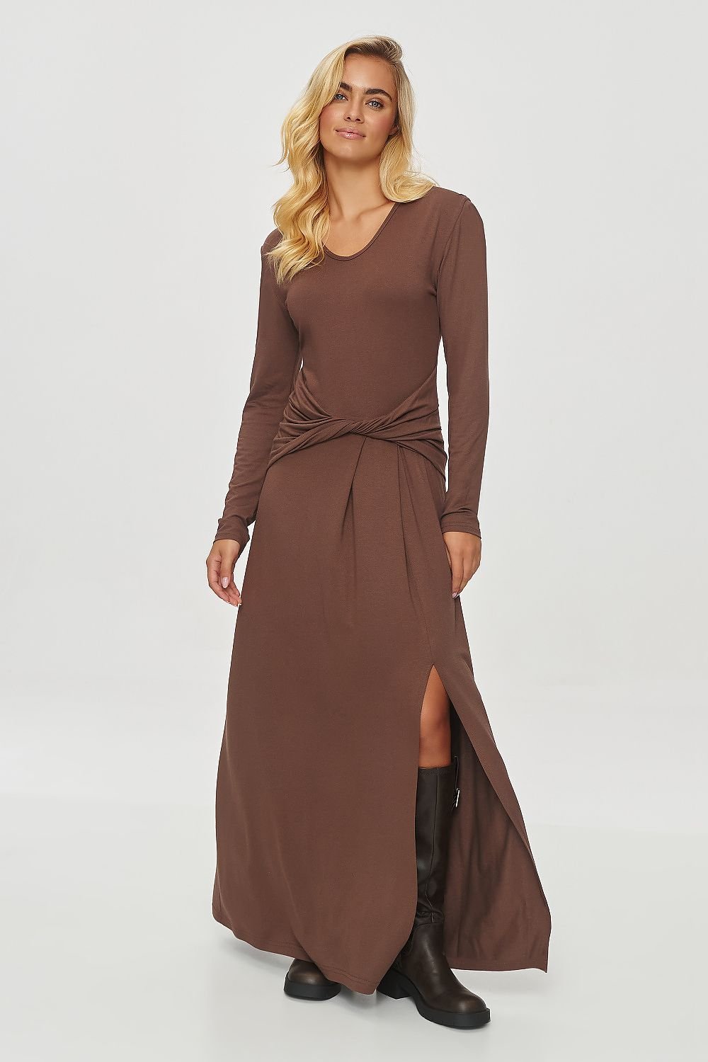 Long sleeves elegant viscose front slit day dress