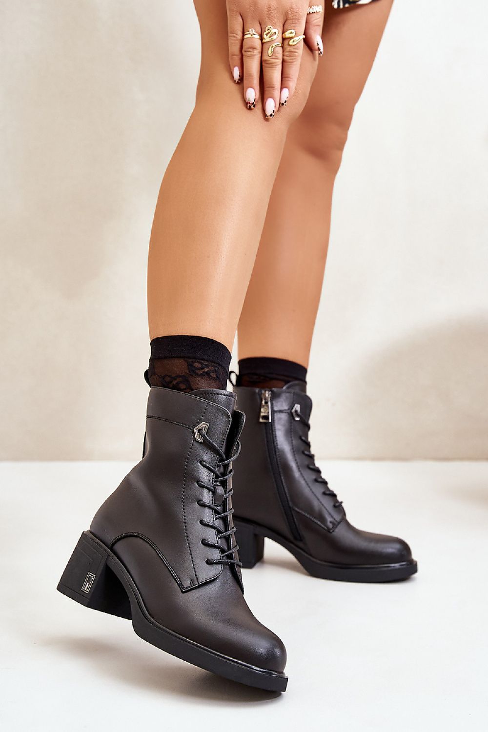 Elegant natural leather black ankle boots