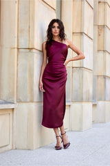 One shoulder subtle slit midi evening dress