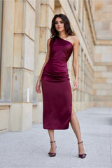 One shoulder subtle slit midi evening dress