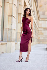 One shoulder subtle slit midi evening dress