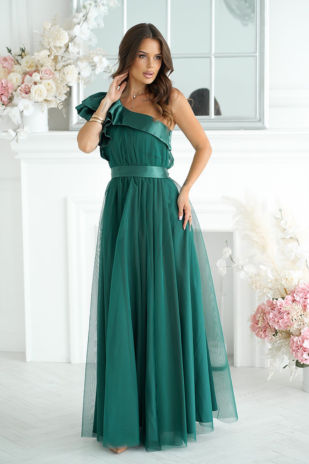 One shoulder breathable mesh long evening dress