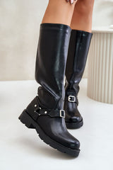 Black leather knee-high boots