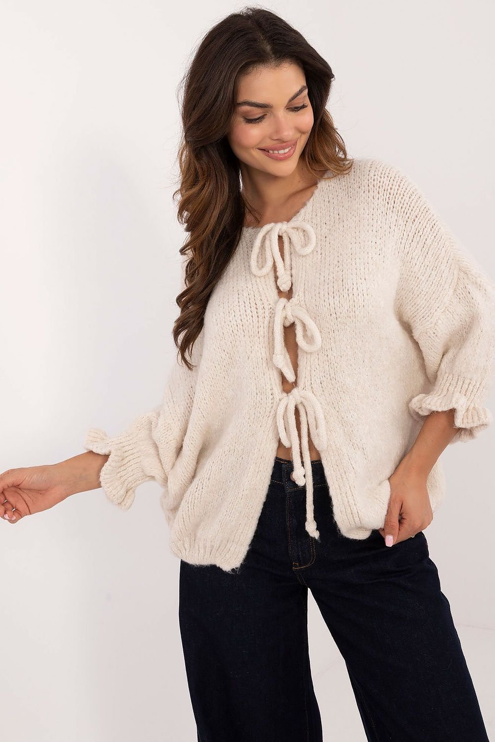 3/4-length sleeves three-string tie cardigan