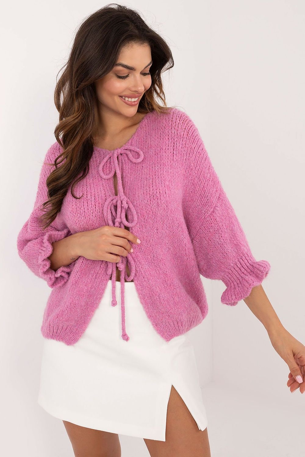 3/4-length sleeves three-string tie cardigan