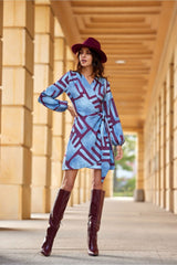 Long sleeves patterned fabric short dress