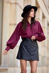 Leather-like material short trapeze skirt