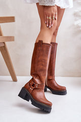 Rounded toes natural leather heel boots