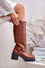 Rounded toes natural leather heel boots