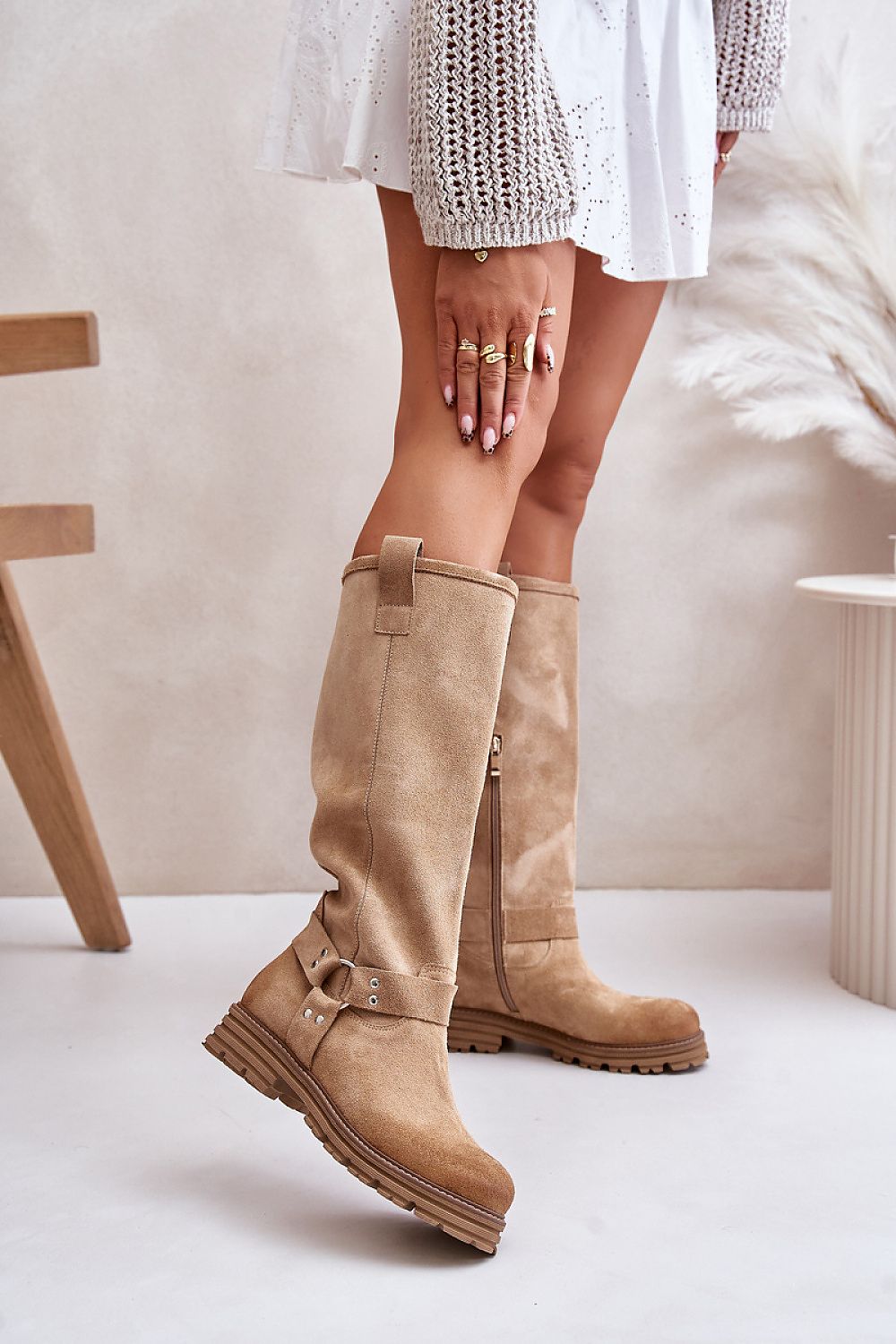 Slip-on natural suede knee-high boots