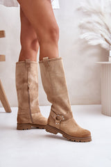 Slip-on natural suede knee-high boots