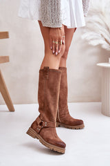 Slip-on natural suede knee-high boots