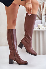 Elegant leather knee-high heel boots