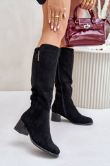 Black block-type heel eco suede boots