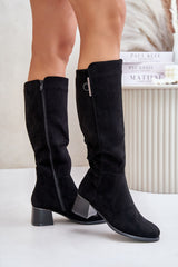 Black block-type heel eco suede boots