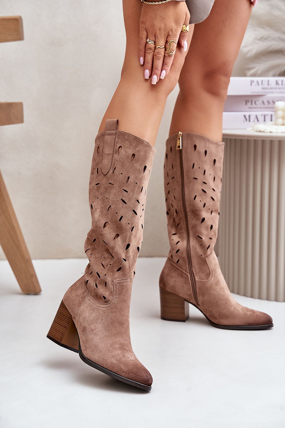 Eco-suede openwork pattern boots