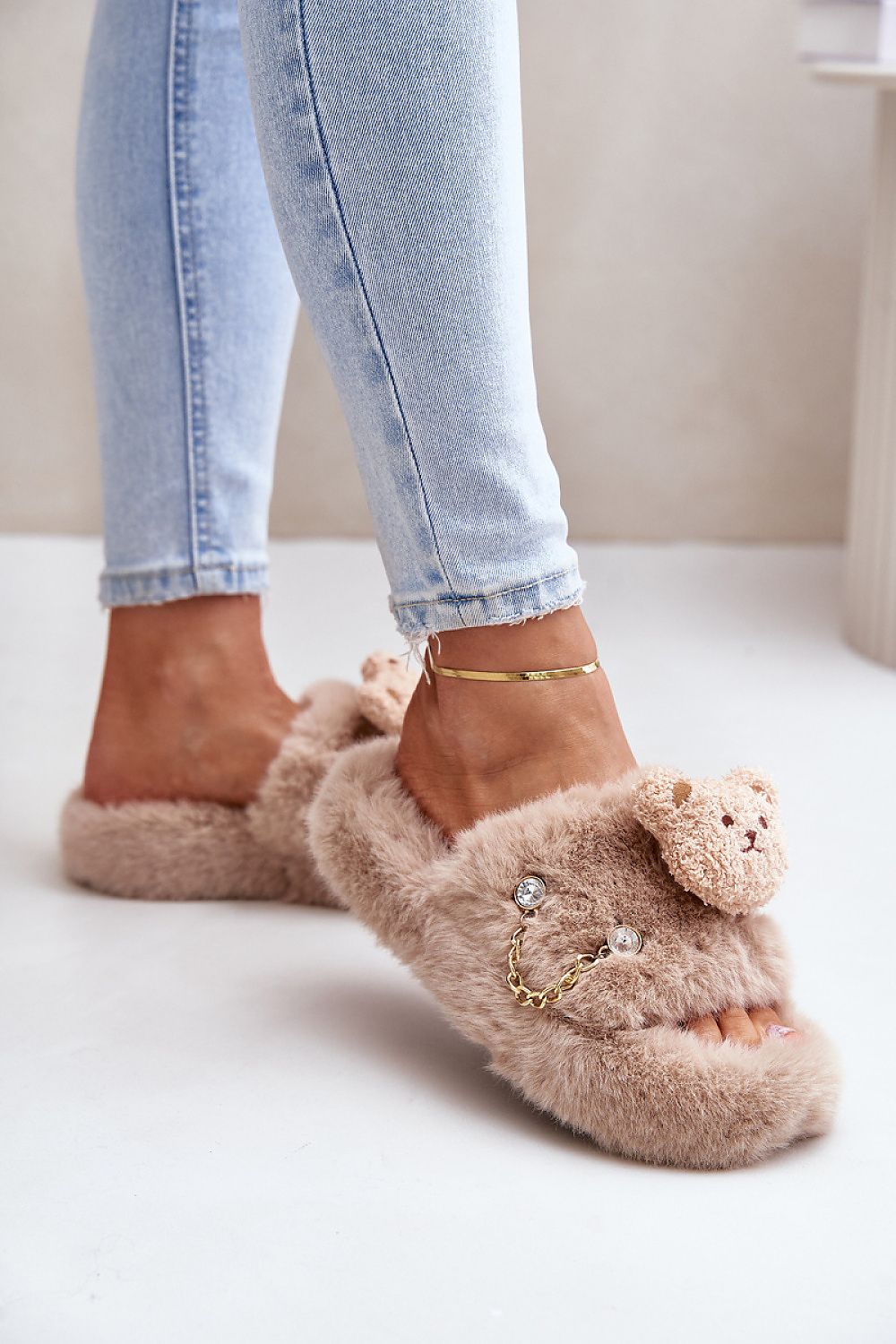 Women's fur slippers with a teddy bear