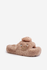 Women's fur slippers with a teddy bear