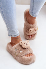 Women's fur slippers with a teddy bear