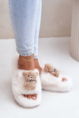 Women's fur slippers with a cute teddy bear